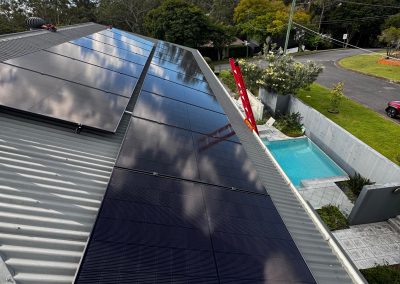 Residential rooftop solar panels, elevated angle