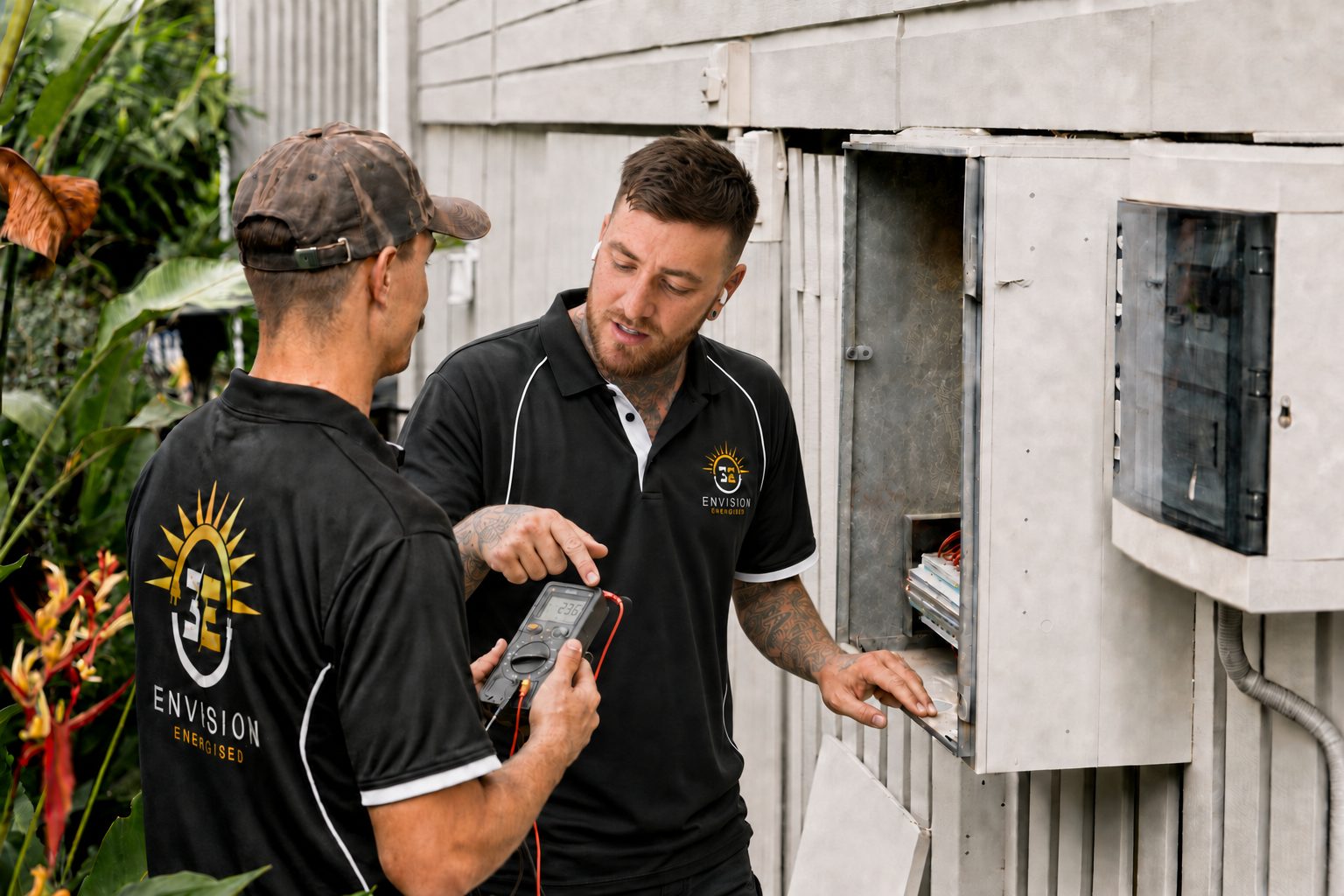 Electrician assessing damaged electrical equipment
